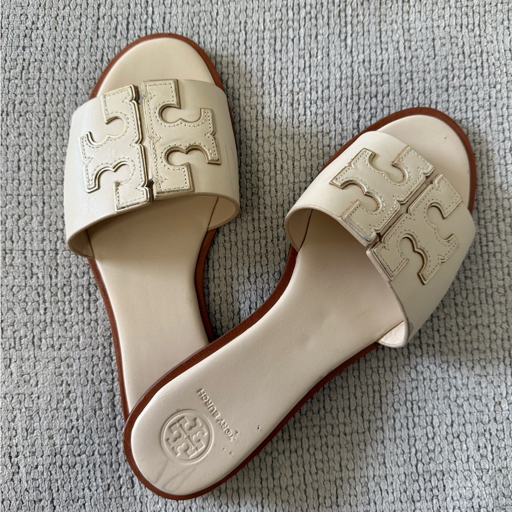 Tory Burch Cream Slide Sandals with Logo